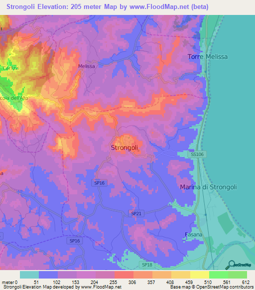 Strongoli,Italy Elevation Map