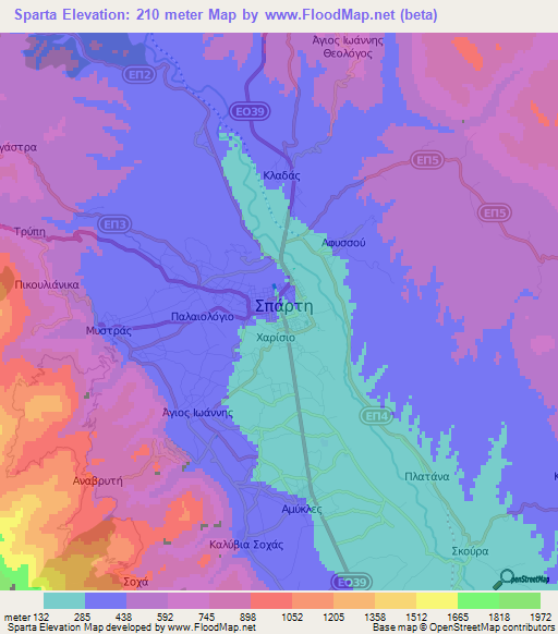 Sparta,Greece Elevation Map