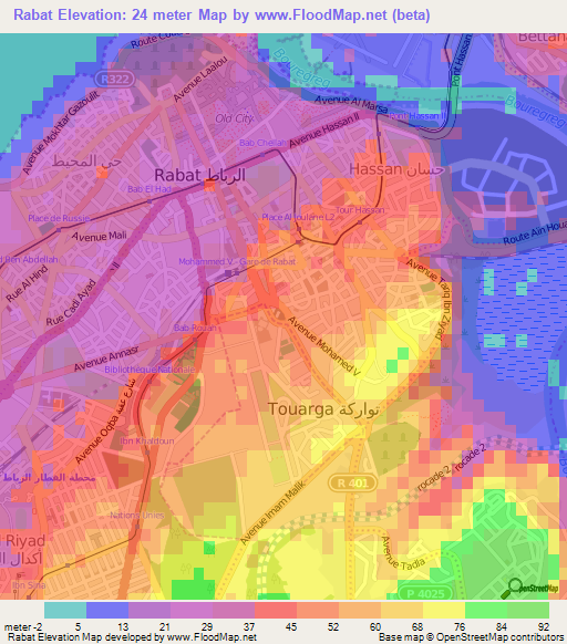 Rabat,Morocco Elevation Map