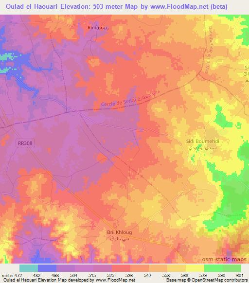 Oulad el Haouari,Morocco Elevation Map
