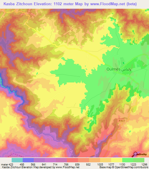 Kasba Zitchoun,Morocco Elevation Map