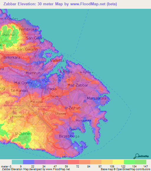 Zabbar,Malta Elevation Map