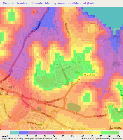 Xaghra,Malta Elevation Map