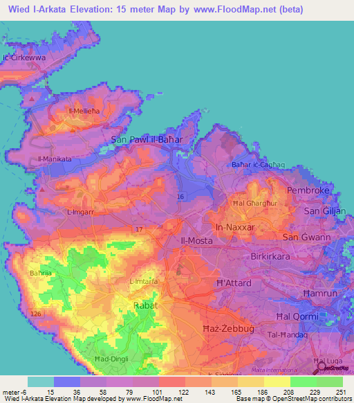 Wied l-Arkata,Malta Elevation Map