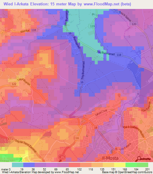 Wied l-Arkata,Malta Elevation Map