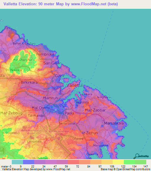 Valletta,Malta Elevation Map