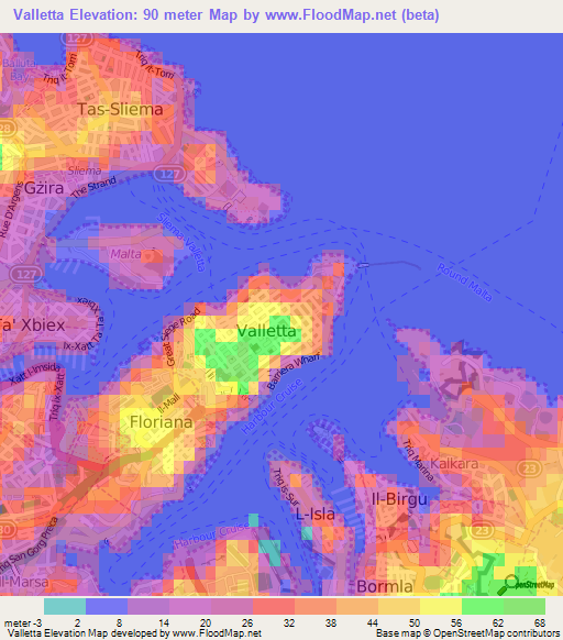 Valletta,Malta Elevation Map