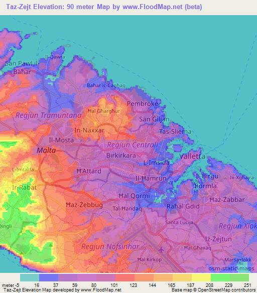 Taz-Zejt,Malta Elevation Map