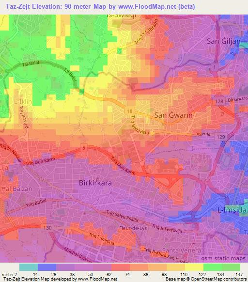 Taz-Zejt,Malta Elevation Map