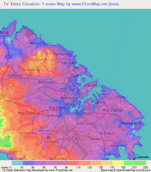 Ta' Xbiex,Malta Elevation Map
