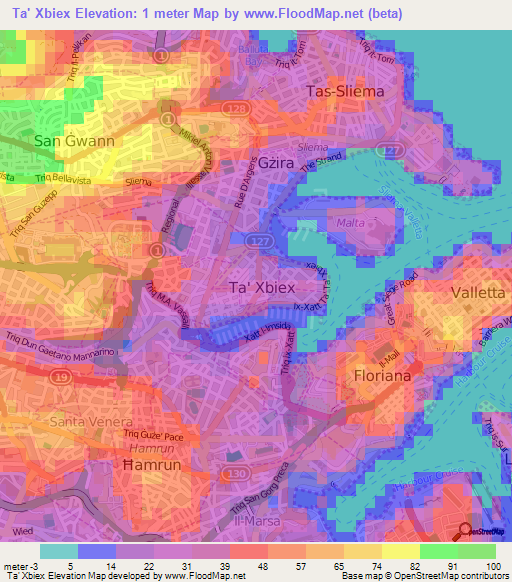 Ta' Xbiex,Malta Elevation Map