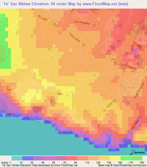 Ta' San Niklaw,Malta Elevation Map