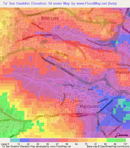 Ta' San Gwakkin,Malta Elevation Map