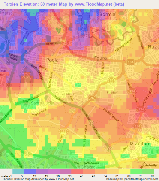 Tarxien,Malta Elevation Map