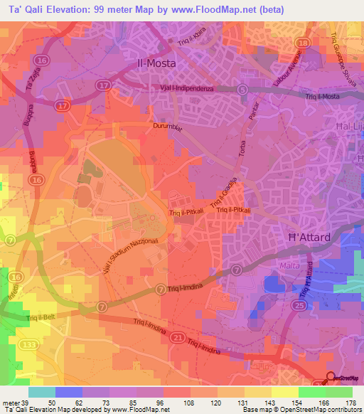 Ta' Qali,Malta Elevation Map
