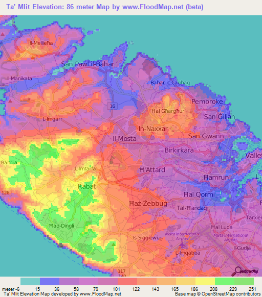 Ta' Mlit,Malta Elevation Map