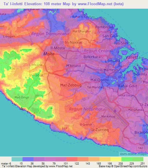 Ta' l-Infetti,Malta Elevation Map