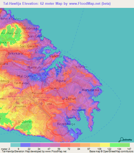 Tal-Hawlija,Malta Elevation Map