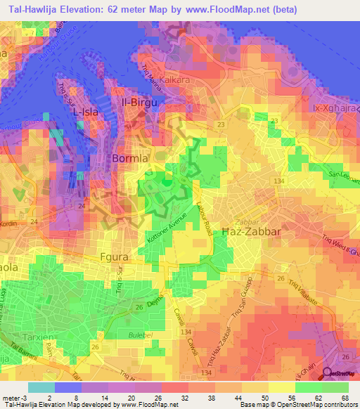 Tal-Hawlija,Malta Elevation Map