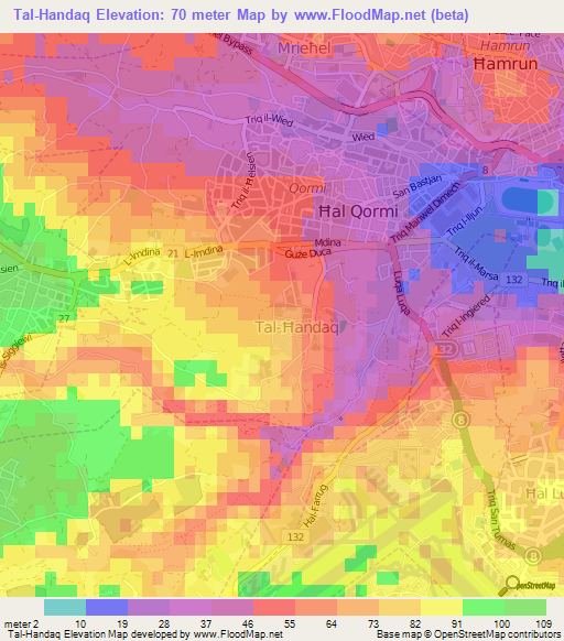 Tal-Handaq,Malta Elevation Map