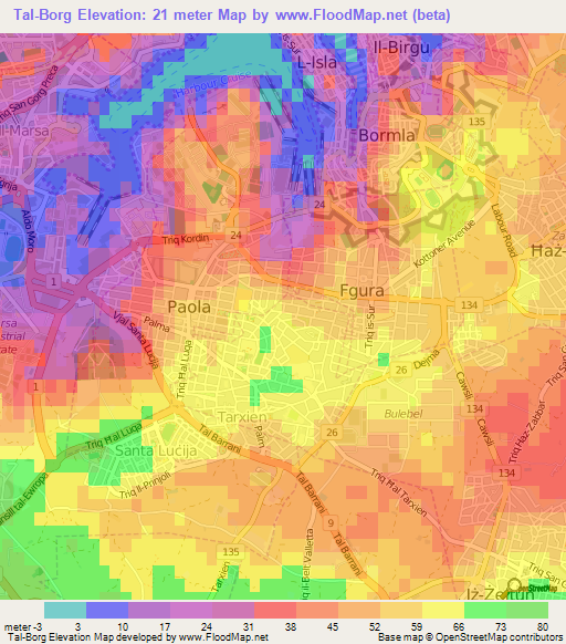 Tal-Borg,Malta Elevation Map
