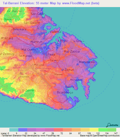 Tal-Barrani,Malta Elevation Map
