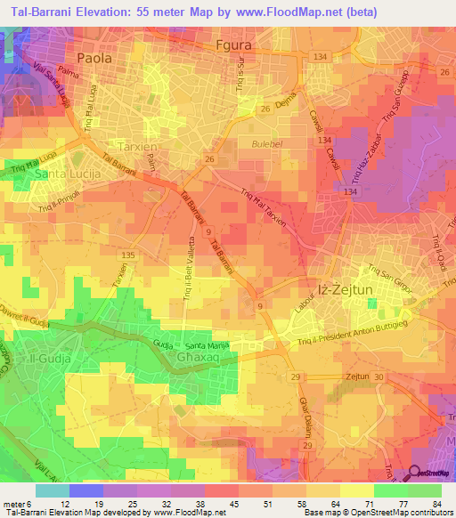 Tal-Barrani,Malta Elevation Map