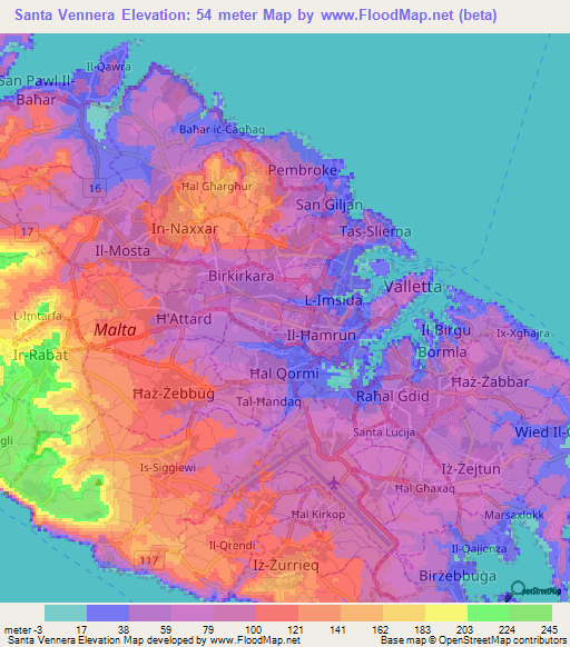 Santa Vennera,Malta Elevation Map