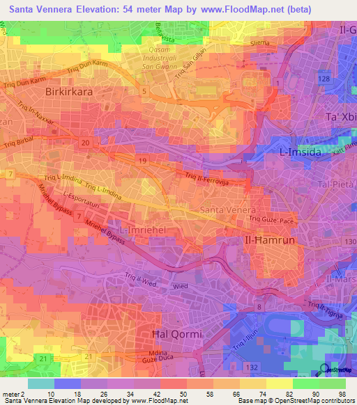Santa Vennera,Malta Elevation Map