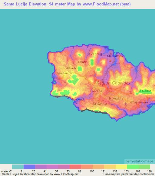 Santa Lucija,Malta Elevation Map