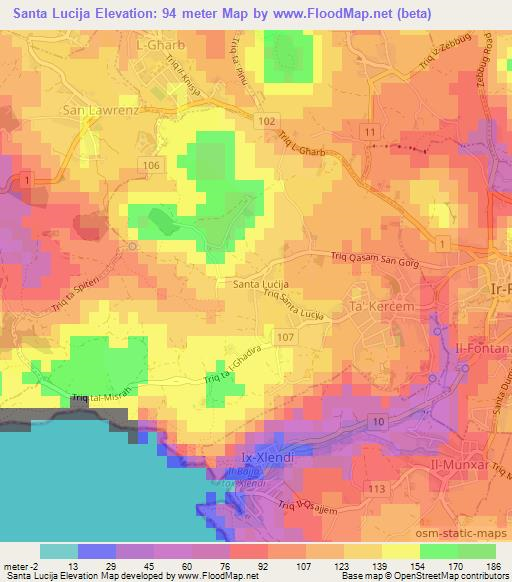 Santa Lucija,Malta Elevation Map