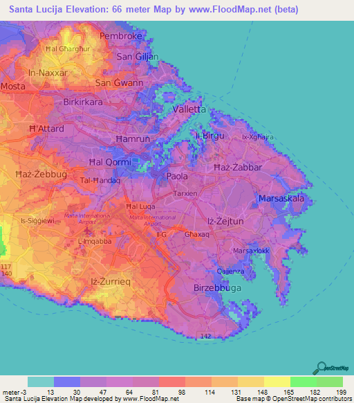 Santa Lucija,Malta Elevation Map