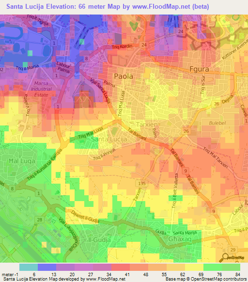 Santa Lucija,Malta Elevation Map