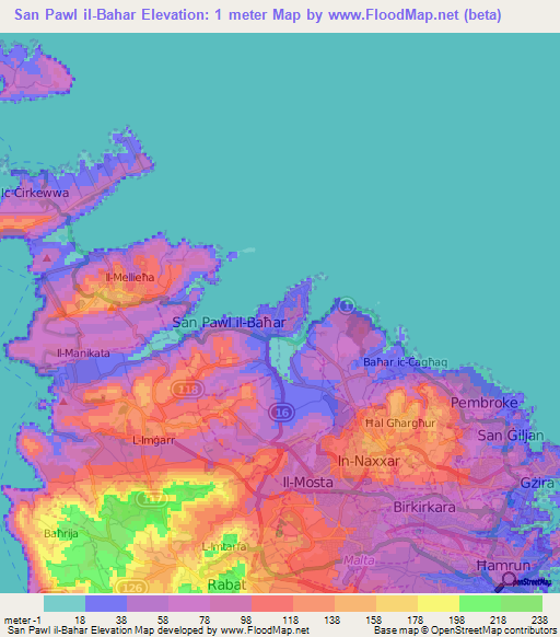 San Pawl il-Bahar,Malta Elevation Map