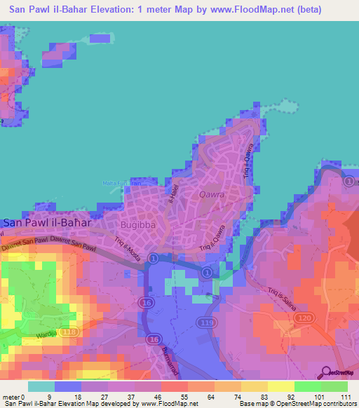 San Pawl il-Bahar,Malta Elevation Map