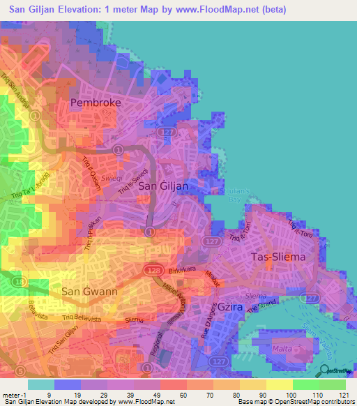 San Giljan,Malta Elevation Map