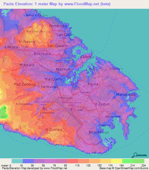 Paola,Malta Elevation Map