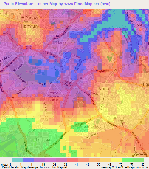 Paola,Malta Elevation Map