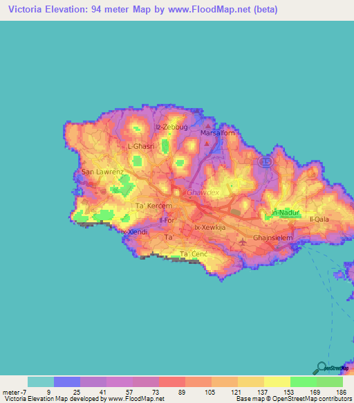 Victoria,Malta Elevation Map