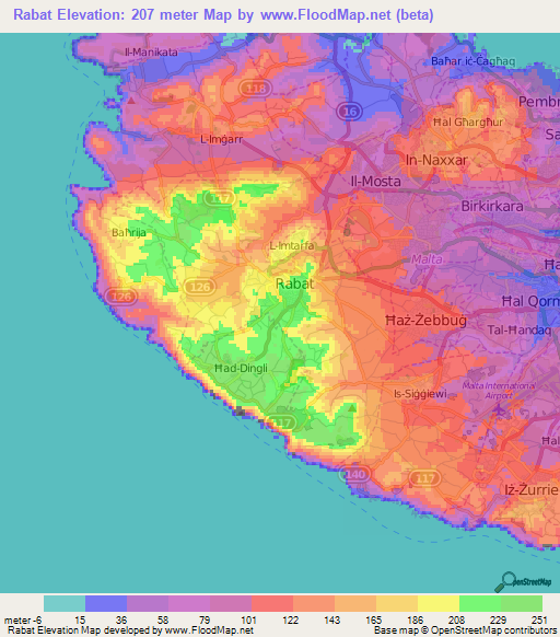 Rabat,Malta Elevation Map