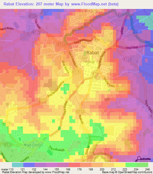 Rabat,Malta Elevation Map