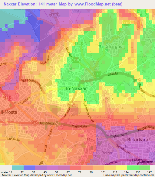 Naxxar,Malta Elevation Map