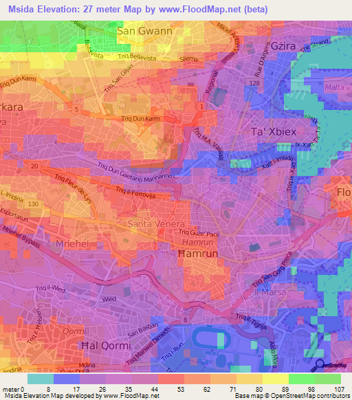Msida,Malta Elevation Map