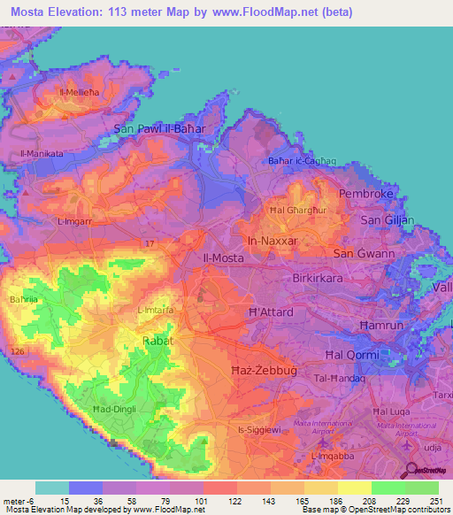 Mosta,Malta Elevation Map