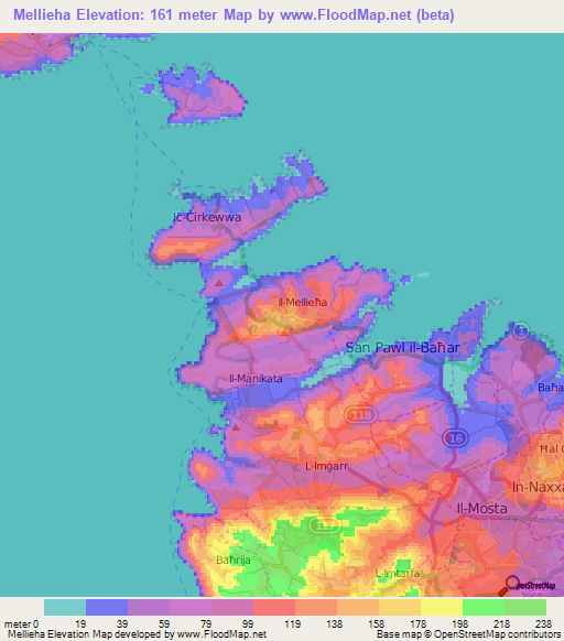 Mellieha,Malta Elevation Map