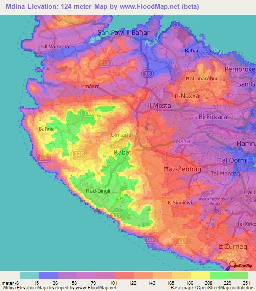 Mdina,Malta Elevation Map