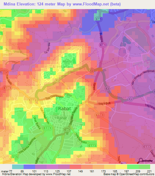 Mdina,Malta Elevation Map