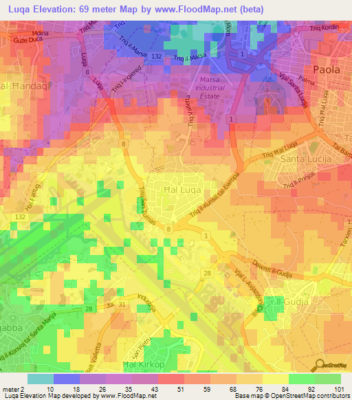 Luqa,Malta Elevation Map