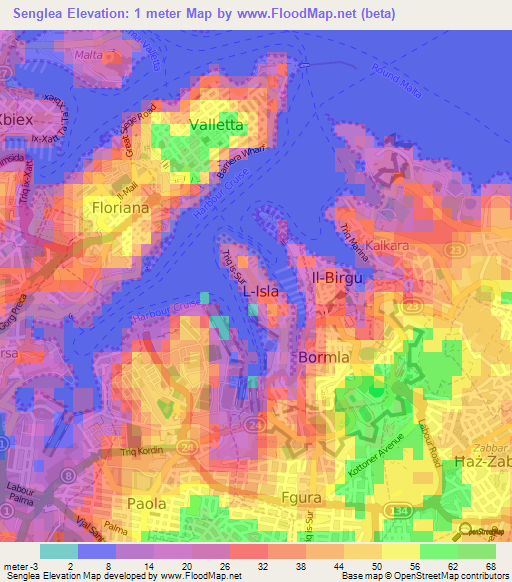 Senglea,Malta Elevation Map