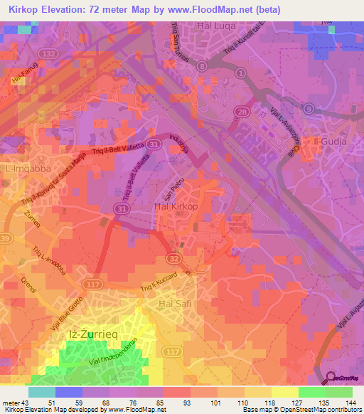 Kirkop,Malta Elevation Map
